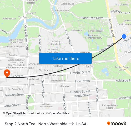 Stop 2 North Tce - North West side to UniSA map