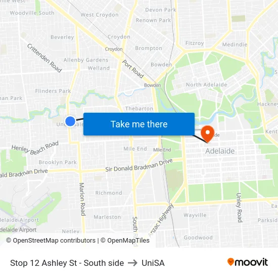Stop 12 Ashley St - South side to UniSA map