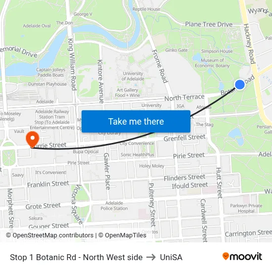 Stop 1 Botanic Rd - North West side to UniSA map