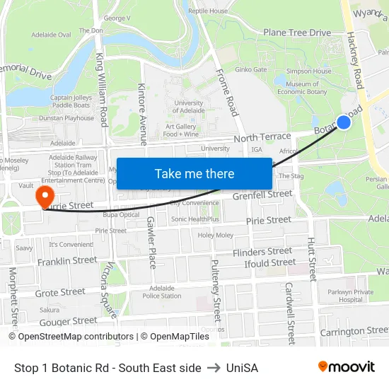 Stop 1 Botanic Rd - South East side to UniSA map