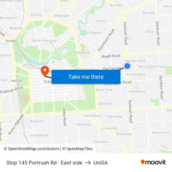 Stop 145 Portrush Rd - East side to UniSA map