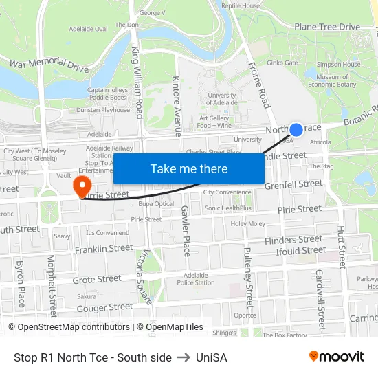 Stop R1 North Tce - South side to UniSA map