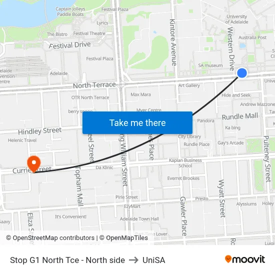 Stop G1 North Tce - North side to UniSA map