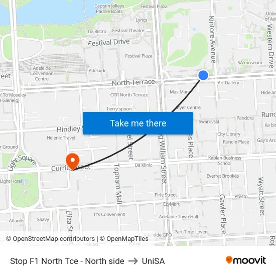 Stop F1 North Tce - North side to UniSA map