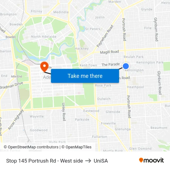 Stop 145 Portrush Rd - West side to UniSA map