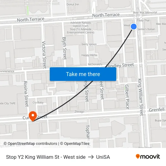Stop Y2 King William St - West side to UniSA map