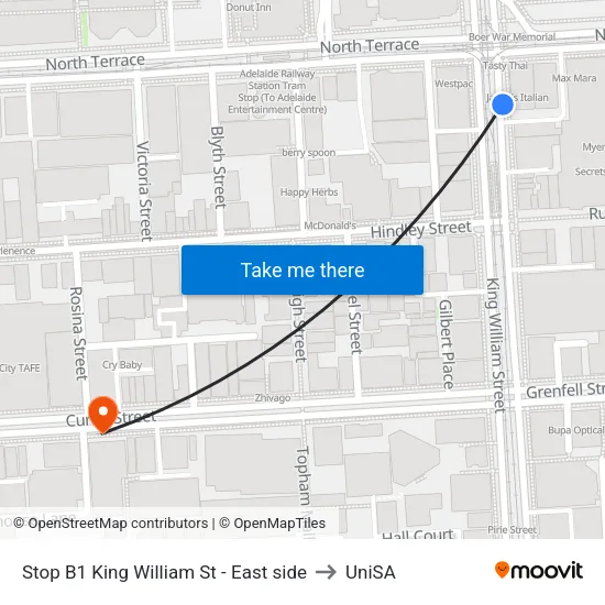 Stop B1 King William St - East side to UniSA map
