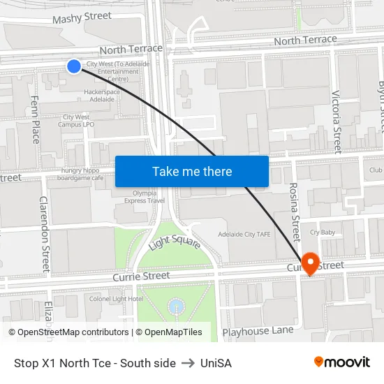 Stop X1 North Tce - South side to UniSA map