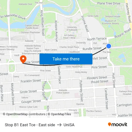 Stop B1 East Tce - East side to UniSA map