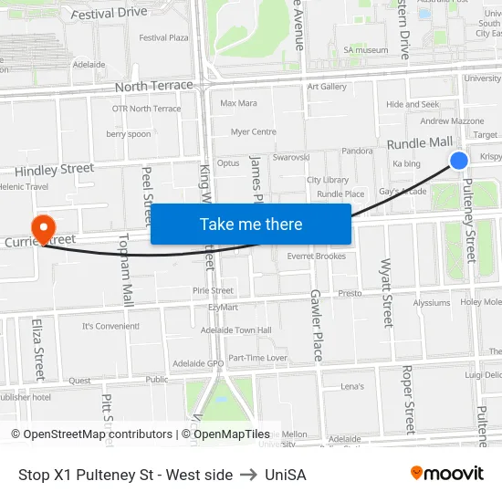 Stop X1 Pulteney St - West side to UniSA map
