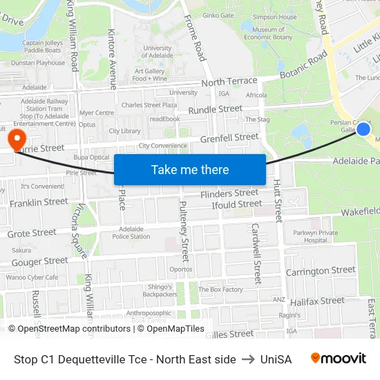 Stop C1 Dequetteville Tce - North East side to UniSA map
