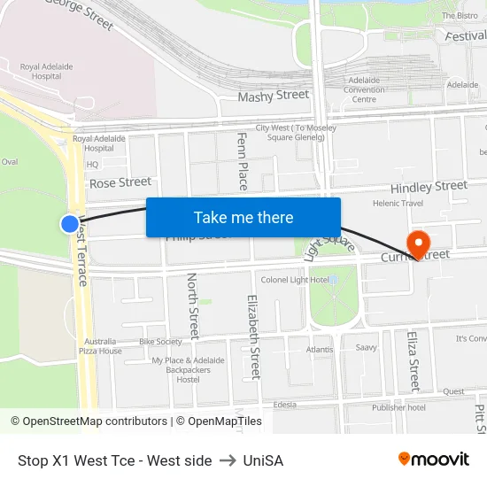 Stop X1 West Tce - West side to UniSA map