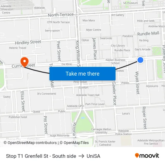 Stop T1 Grenfell St - South side to UniSA map