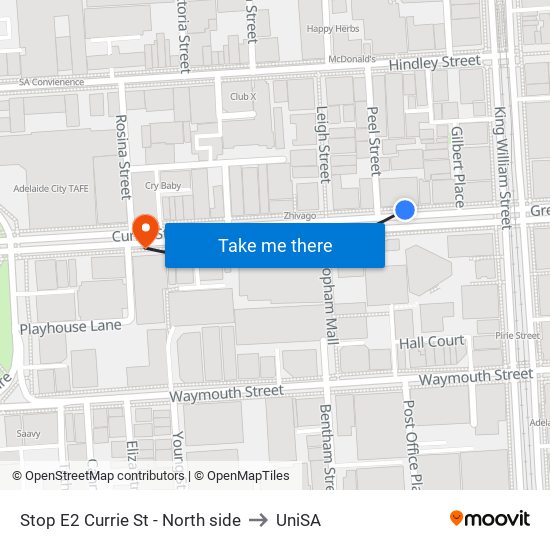 Stop E2 Currie St - North side to UniSA map