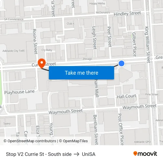 Stop V2 Currie St - South side to UniSA map