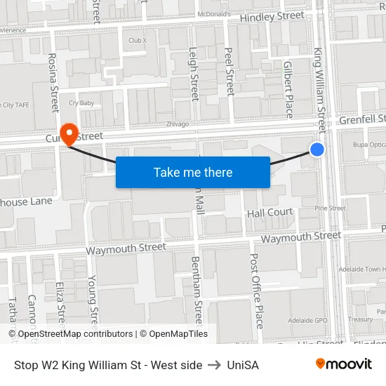 Stop W2 King William St - West side to UniSA map
