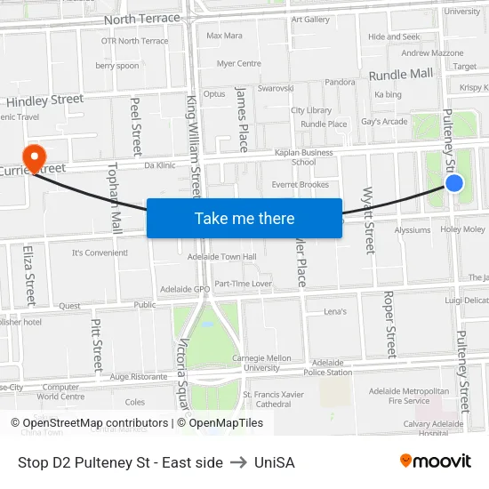 Stop D2 Pulteney St - East side to UniSA map