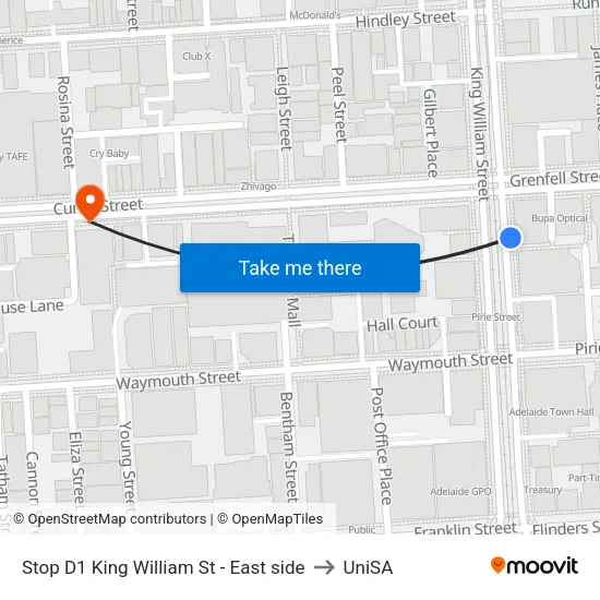 Stop D1 King William St - East side to UniSA map