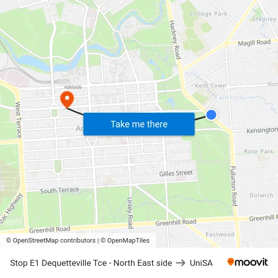 Stop E1 Dequetteville Tce - North East side to UniSA map