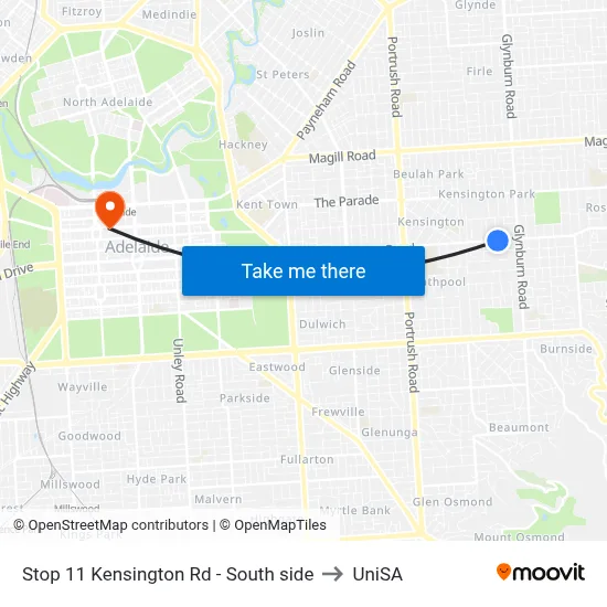 Stop 11 Kensington Rd - South side to UniSA map