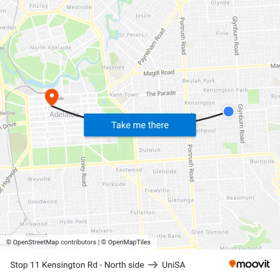 Stop 11 Kensington Rd - North side to UniSA map