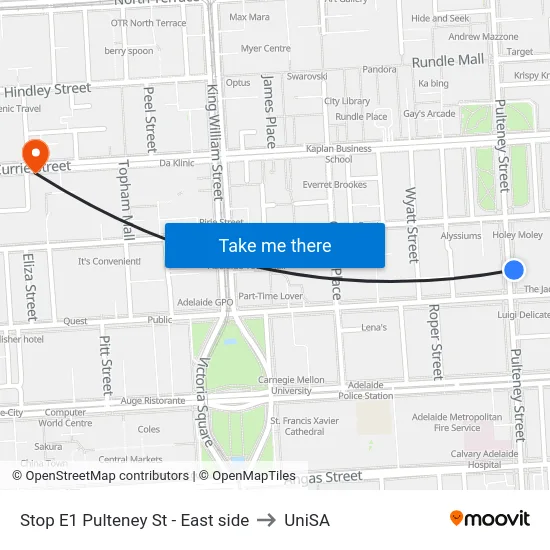 Stop E1 Pulteney St - East side to UniSA map