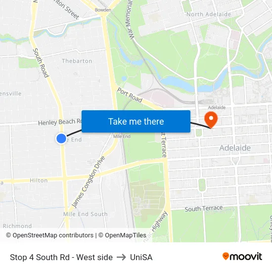 Stop 4 South Rd - West side to UniSA map