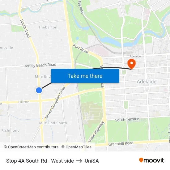 Stop 4A South Rd - West side to UniSA map