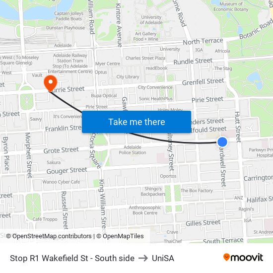 Stop R1 Wakefield St - South side to UniSA map