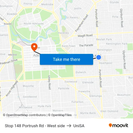 Stop 148 Portrush Rd - West side to UniSA map
