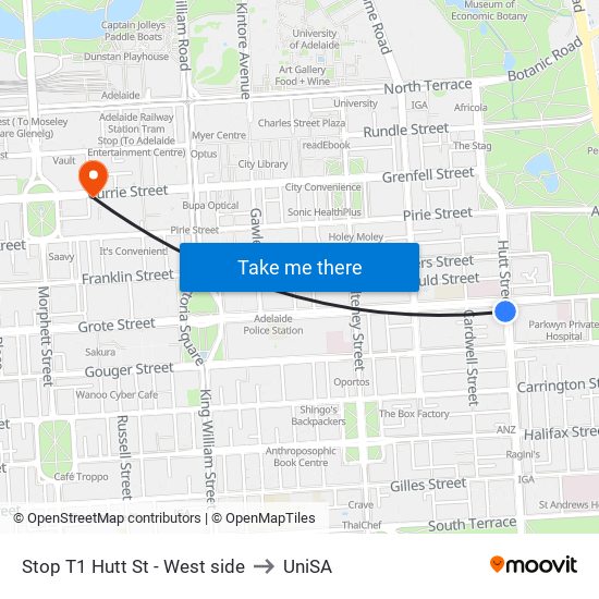 Stop T1 Hutt St - West side to UniSA map