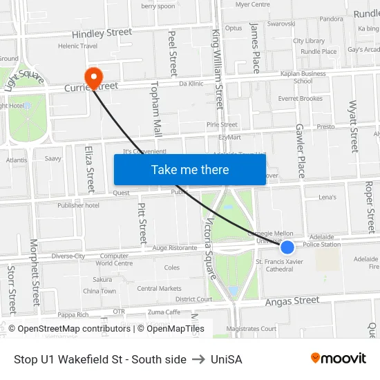 Stop U1 Wakefield St - South side to UniSA map