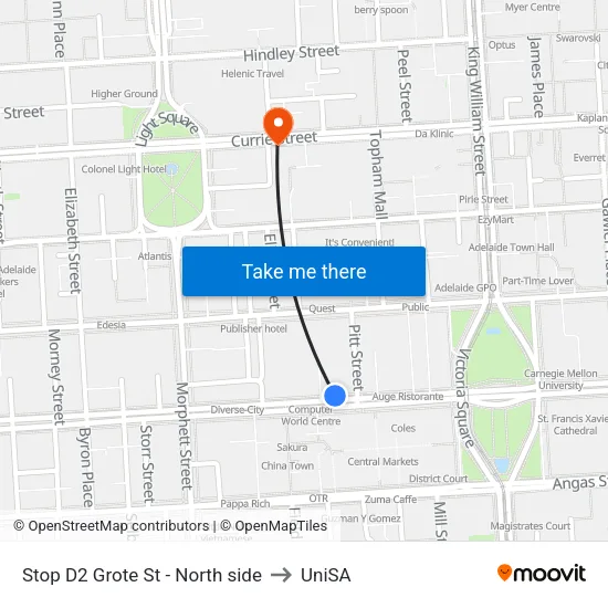 Stop D2 Grote St - North side to UniSA map