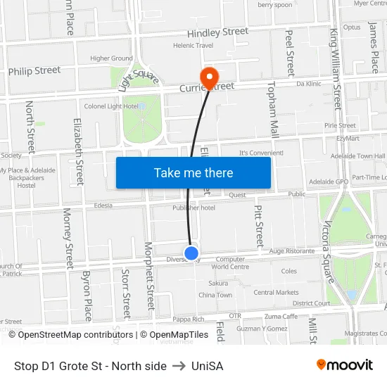 Stop D1 Grote St - North side to UniSA map