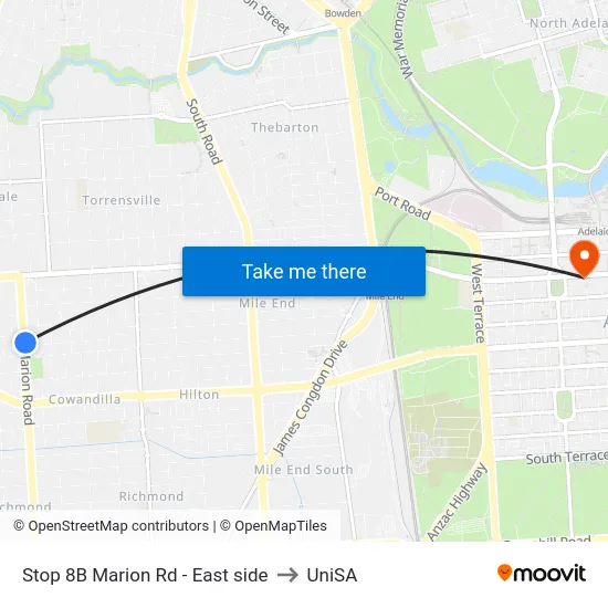 Stop 8B Marion Rd - East side to UniSA map