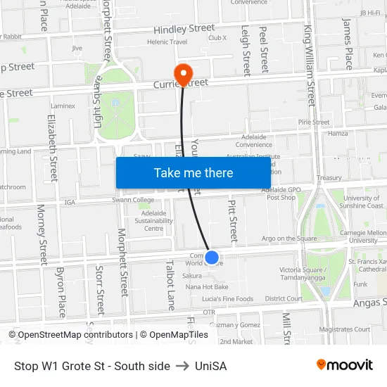 Stop W1 Grote St - South side to UniSA map