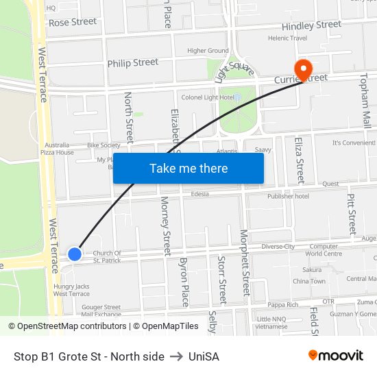 Stop B1 Grote St - North side to UniSA map