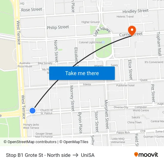 Stop B1 Grote St - North side to UniSA map