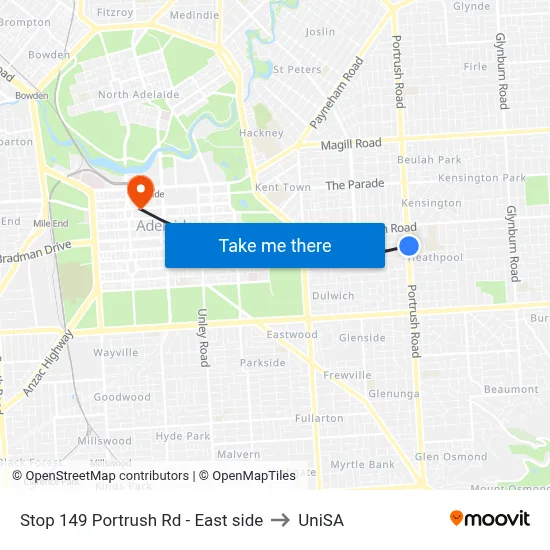 Stop 149 Portrush Rd - East side to UniSA map