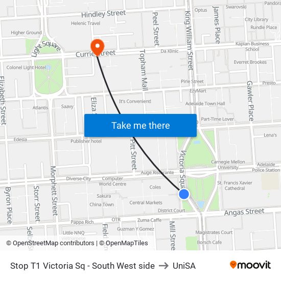 Stop T1 Victoria Sq - South West side to UniSA map