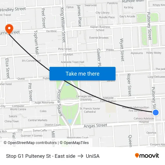 Stop G1 Pulteney St - East side to UniSA map