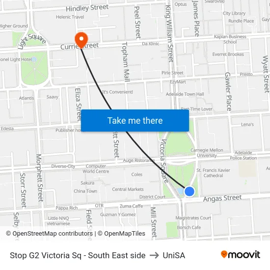 Stop G2 Victoria Sq - South East side to UniSA map