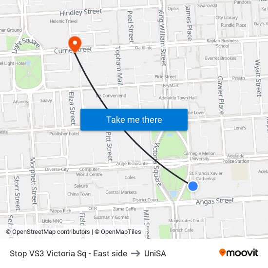 Stop VS3 Victoria Sq - East side to UniSA map