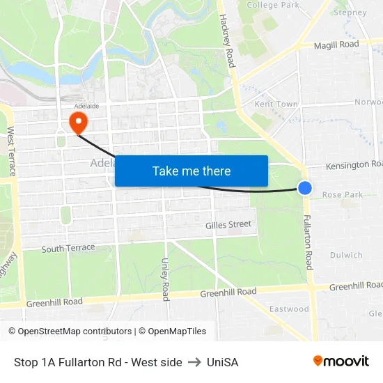 Stop 1A Fullarton Rd - West side to UniSA map
