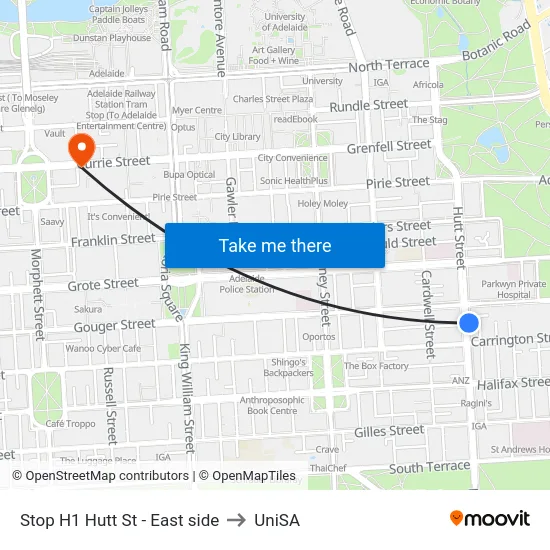 Stop H1 Hutt St - East side to UniSA map