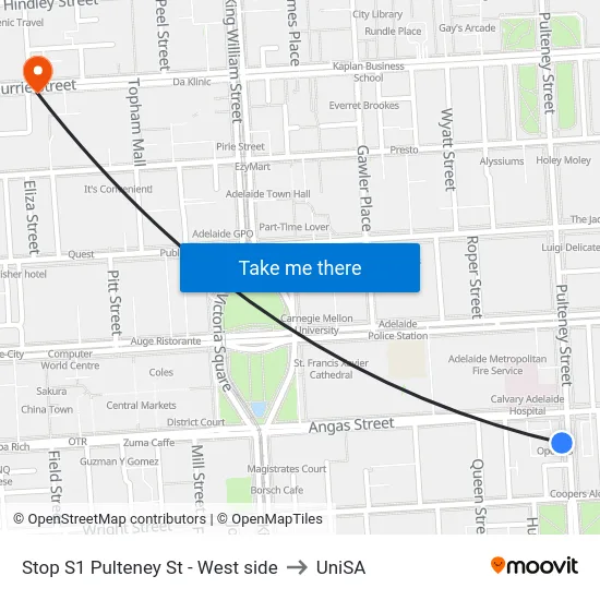 Stop S1 Pulteney St - West side to UniSA map