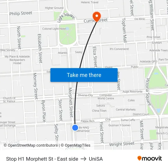 Stop H1 Morphett St - East side to UniSA map