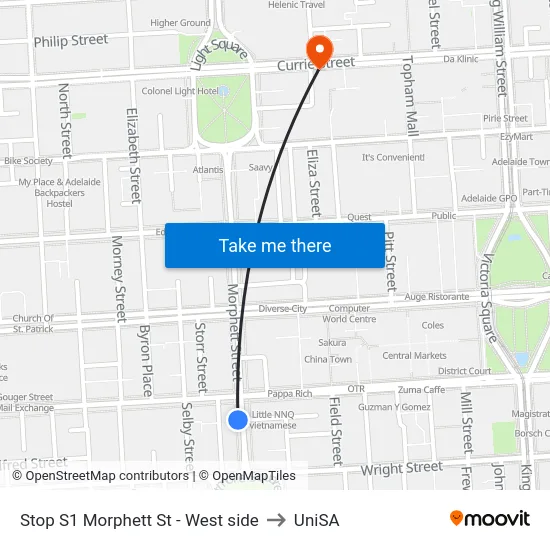 Stop S1 Morphett St - West side to UniSA map