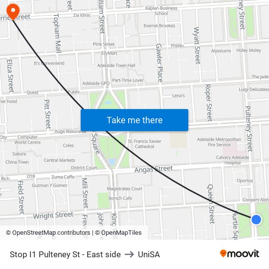 Stop I1 Pulteney St - East side to UniSA map