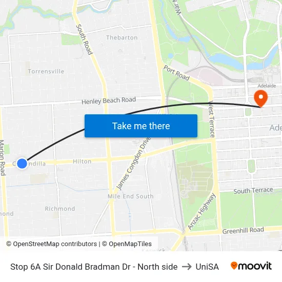 Stop 6A Sir Donald Bradman Dr - North side to UniSA map